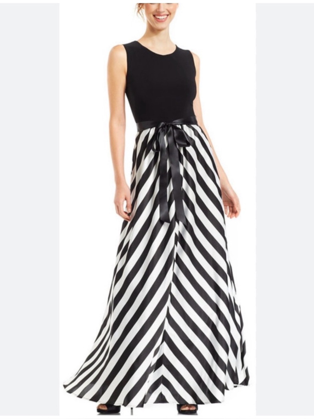 Betsy & Adam Black and White Stripe Maxi Skirt W/Satin Waist Tie NWT (8)
